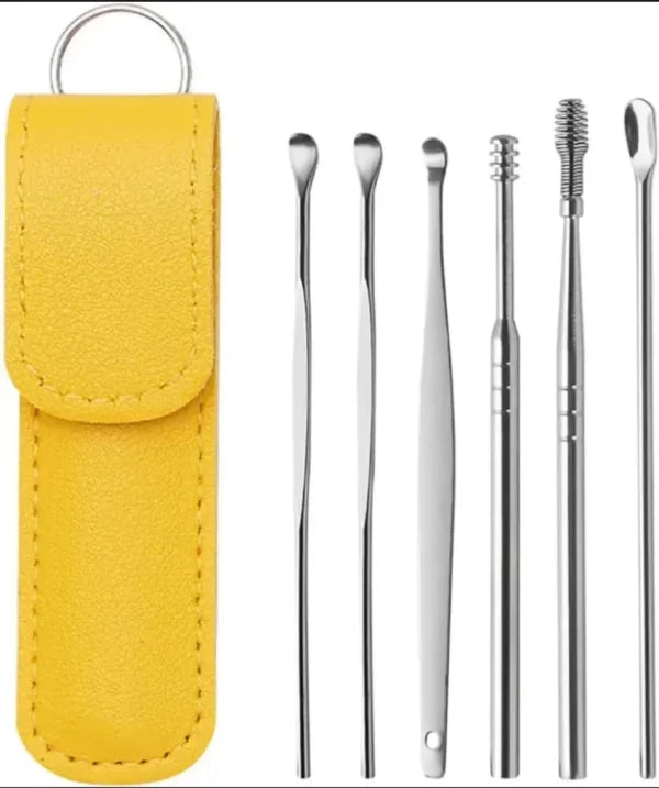 6-Piece Stainless Steel Ear Wax Cleaning Kit β Spiral Spring Picks, Curettes & Storage Bag