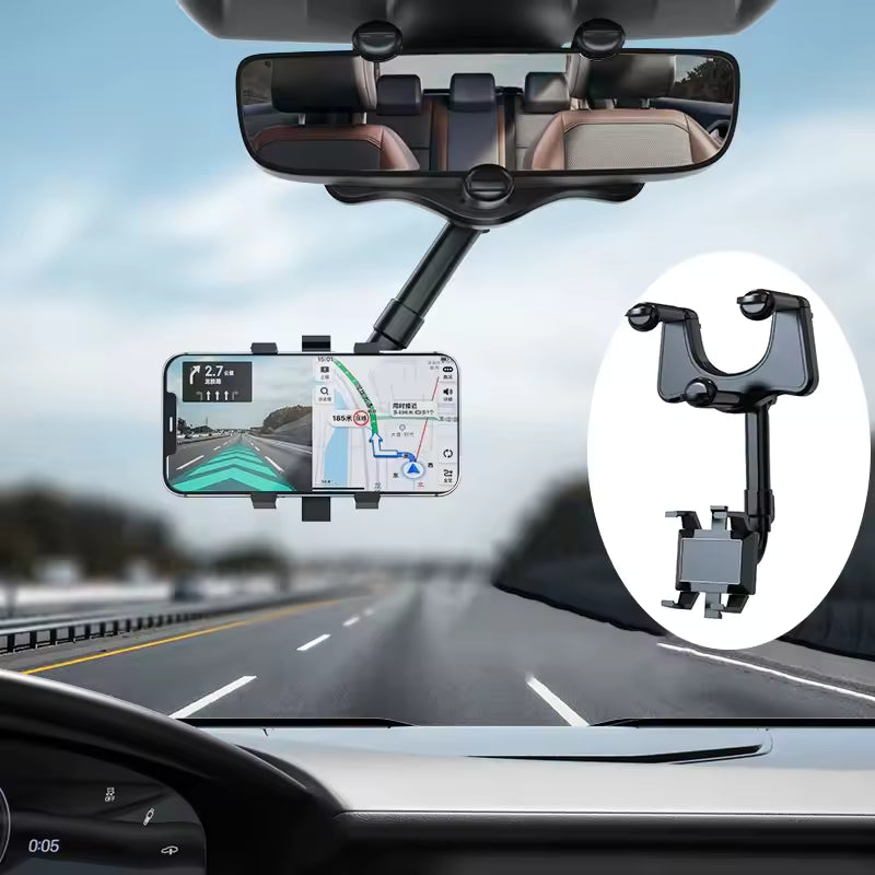 360° Rotatable & Retractable Rearview Mirror Phone Holder – Clip-On, Hands-Free