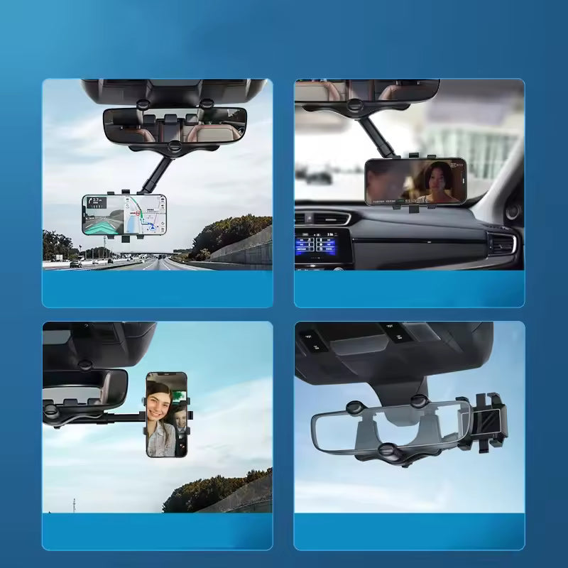 360° Rotatable & Retractable Rearview Mirror Phone Holder – Clip-On, Hands-Free