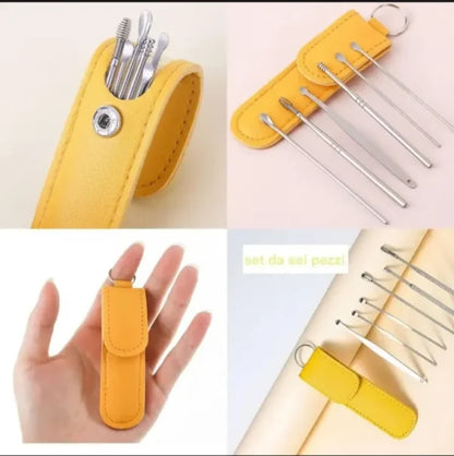 6-Piece Stainless Steel Ear Wax Cleaning Kit – Spiral Spring Picks, Curettes & Storage Bag