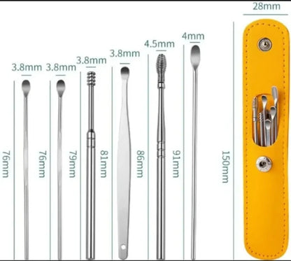 6-Piece Stainless Steel Ear Wax Cleaning Kit – Spiral Spring Picks, Curettes & Storage Bag