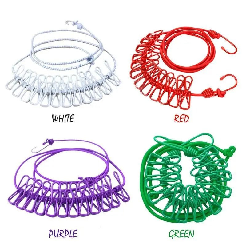 Portable Drying Rope with 12 Clips & 2 Hooks – Travel & Home Clothesline