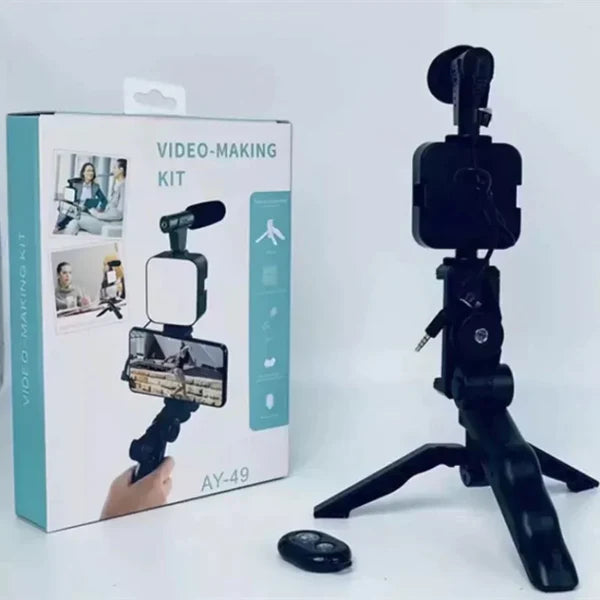 Video Vlog Making Kit AY-49 – Wireless Remote, LED Light, Mic, Tripod & Phone Holder