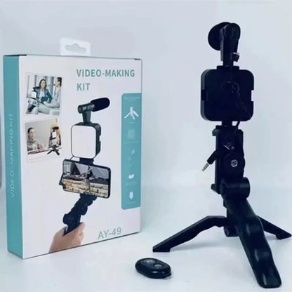 Video Vlog Making Kit AY-49 – Wireless Remote, LED Light, Mic, Tripod & Phone Holder