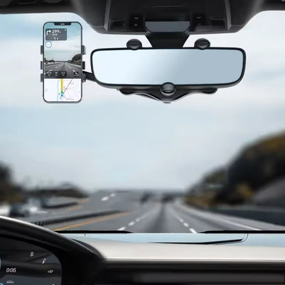 360° Rotatable & Retractable Rearview Mirror Phone Holder – Clip-On, Hands-Free