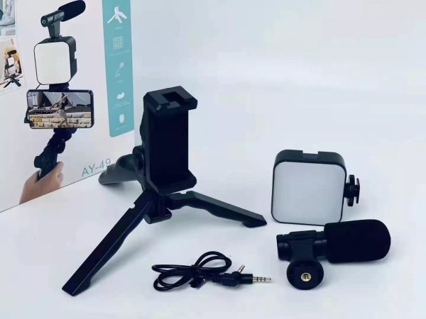Video Vlog Making Kit AY-49 – Wireless Remote, LED Light, Mic, Tripod & Phone Holder