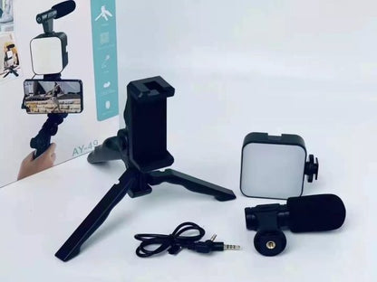 Video Vlog Making Kit AY-49 – Wireless Remote, LED Light, Mic, Tripod & Phone Holder