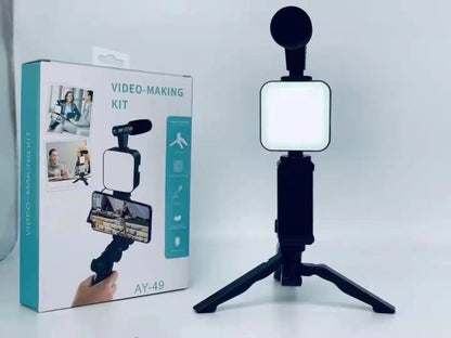 Video Vlog Making Kit AY-49 – Wireless Remote, LED Light, Mic, Tripod & Phone Holder