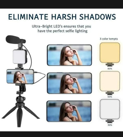 Video Vlog Making Kit AY-49 – Wireless Remote, LED Light, Mic, Tripod & Phone Holder