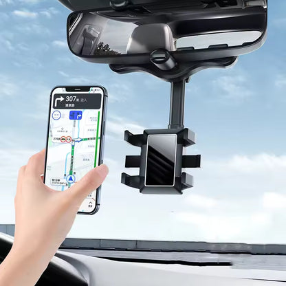 360° Rotatable & Retractable Rearview Mirror Phone Holder – Clip-On, Hands-Free
