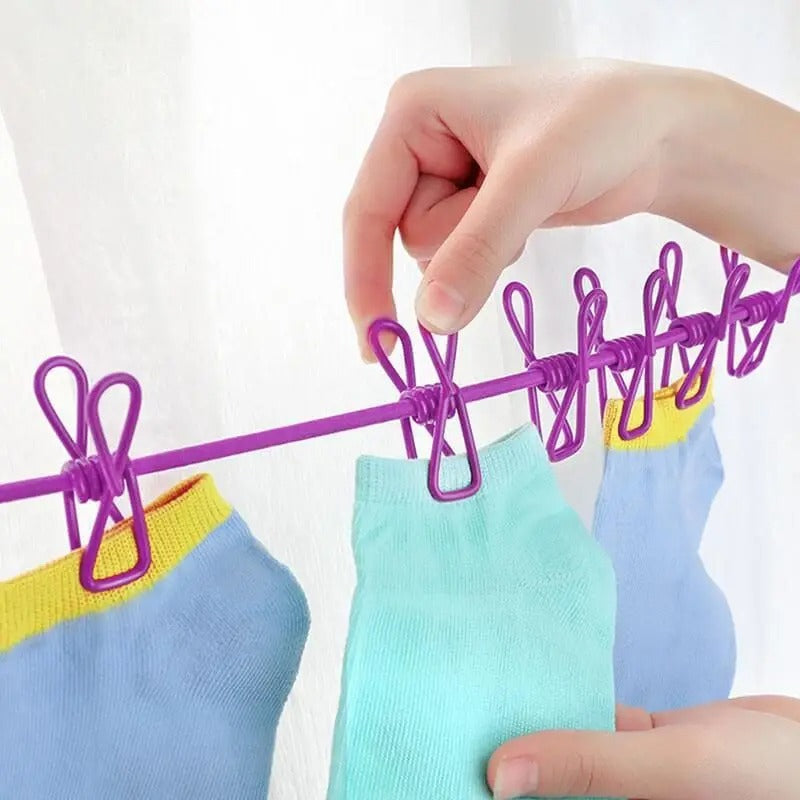 Portable Drying Rope with 12 Clips & 2 Hooks – Travel & Home Clothesline