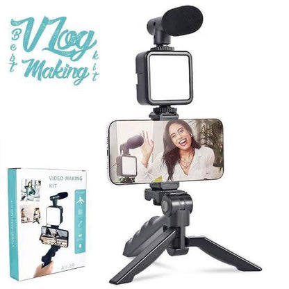 Video Vlog Making Kit AY-49 – Wireless Remote, LED Light, Mic, Tripod & Phone Holder
